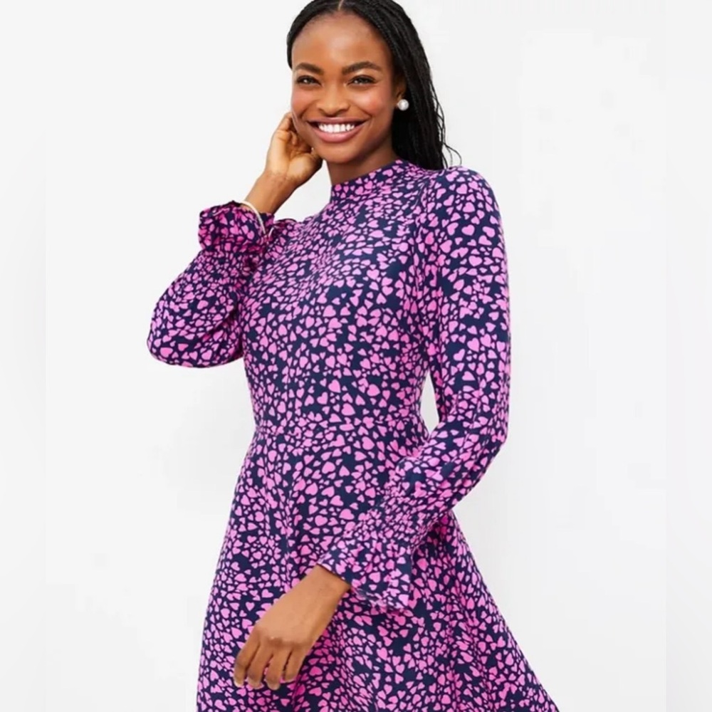 LOFT Long Sleeve Pink & Navy Heart Print Dress